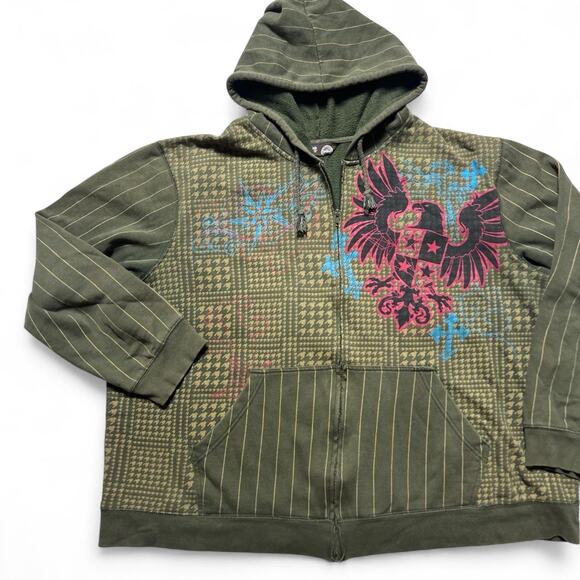 No Boundaries Nobo Vintage Y2k Green Houndstooth AOP Eagle Cross Hoodie XL - Picture 2 of 7